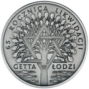 Rewers monety 20-złotowej z dnia 19.08.2009 r. w temacie 65. rocznica likwidacji getta w Łodzi
